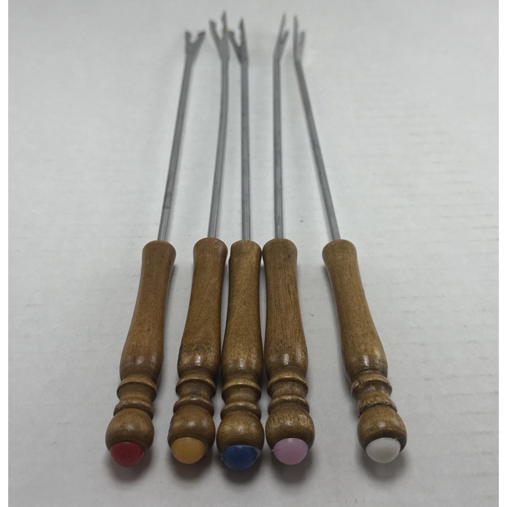 Vintage Fondue Forks Set of 5 Wooden Handle Stainless Steel Color Coded Skewers